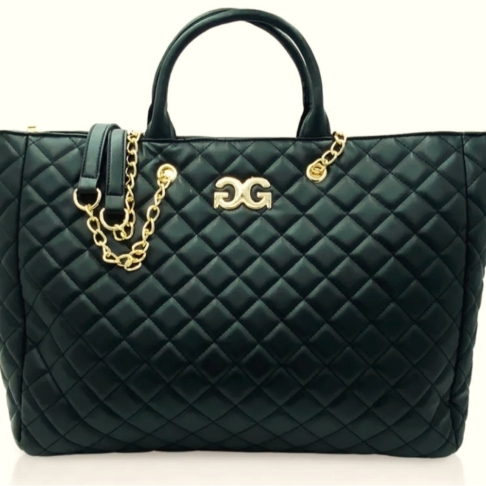 Quilted Dark Green Tote with Gold Chain Accents